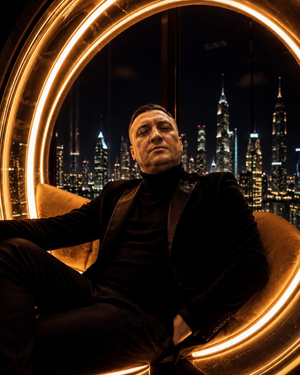 E.V.Geniy Kronikh portrait in gold neon circle with city skyline