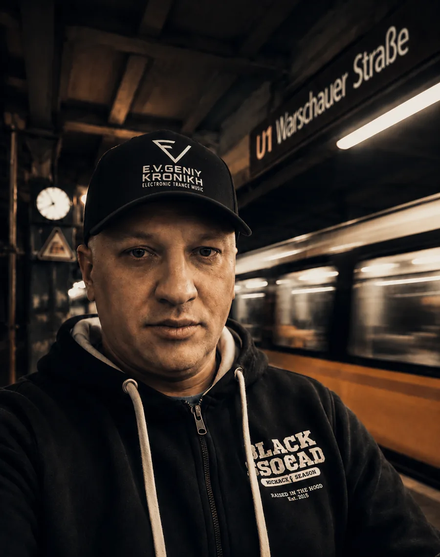 E.V.Geniy Kronikh portrait at Warschauer Straße station with a train in motion