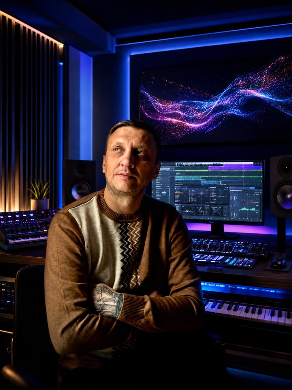 E.V.Geniy Kronikh in a music studio with blue lighting